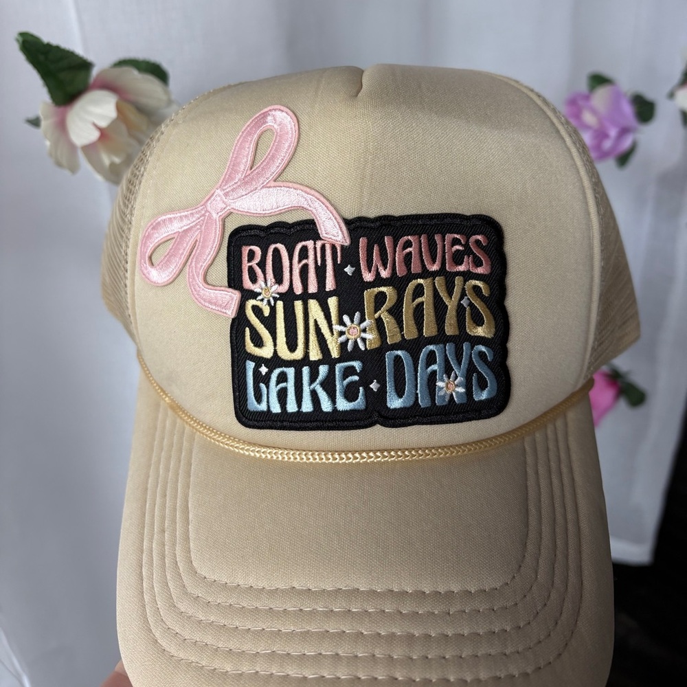 Beige Trucker Hat with Pink Bow & Colorful Patch